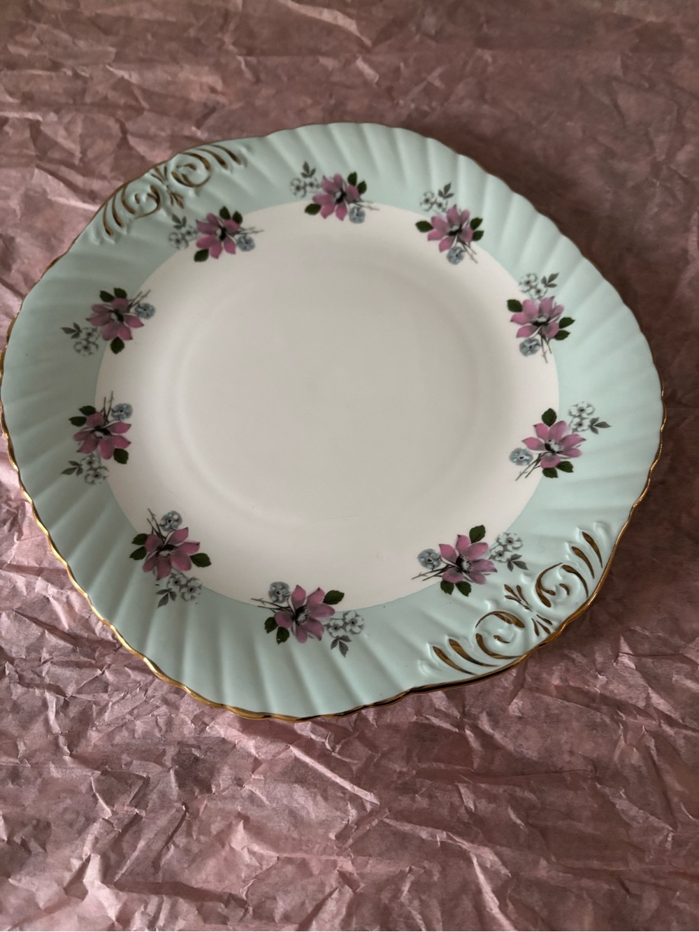 Mint Green Floral Dinner Plate with Pink Blossoms and Gold Trim